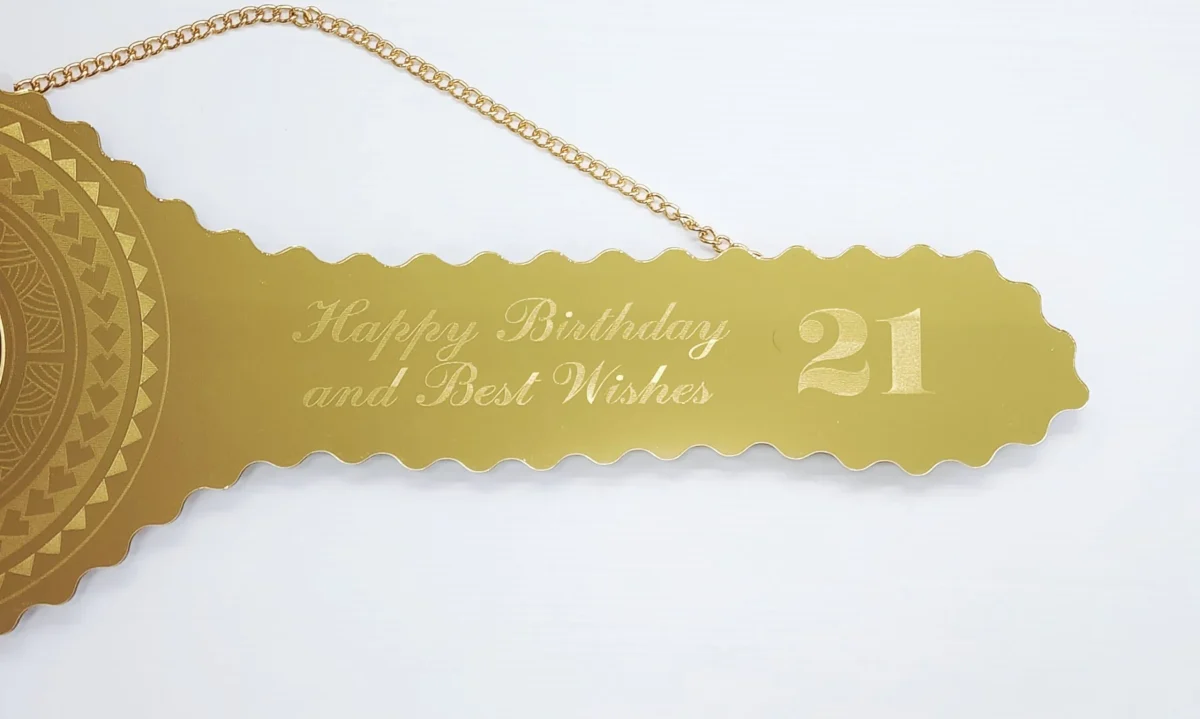 Gold Mirror Perspex Acrylic Laser Engraved Design with "21" Photo Birthday Key - SJ2509