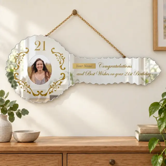 Golden Print Design Mirrored/Glass Photo 21st Birthday Key - SJ2404