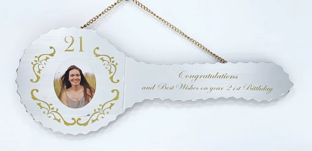Golden Print Design Mirrored/Glass Photo 21st Birthday Key - SJ2404