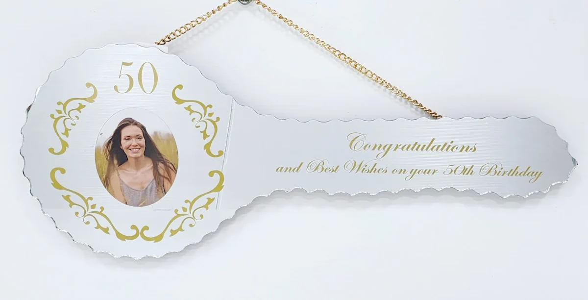 Golden Print Design Mirrored/Glass Photo 50th Birthday Key - SJ2405