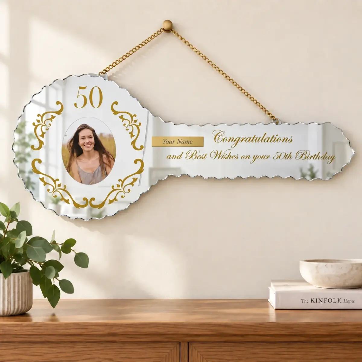 Golden Print Design Mirrored/Glass Photo 50th Birthday Key - SJ2405