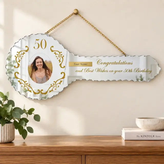 Golden Print Design Mirrored/Glass Photo 50th Birthday Key - SJ2405