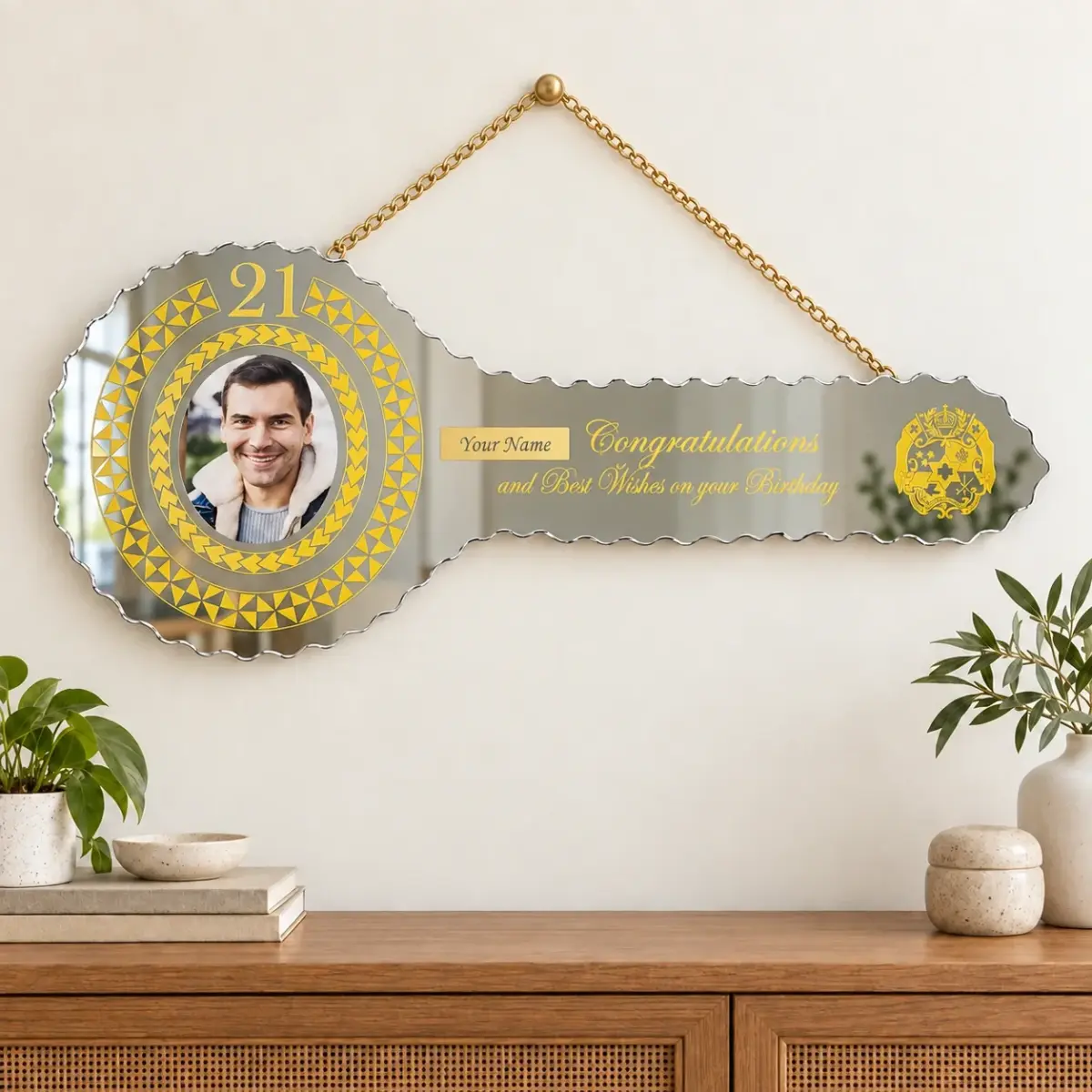 Golden Print Design with Tongan Sila & Tattoo Patterns Mirrored/Glass Photo 21st Birthday Key - SJ2502