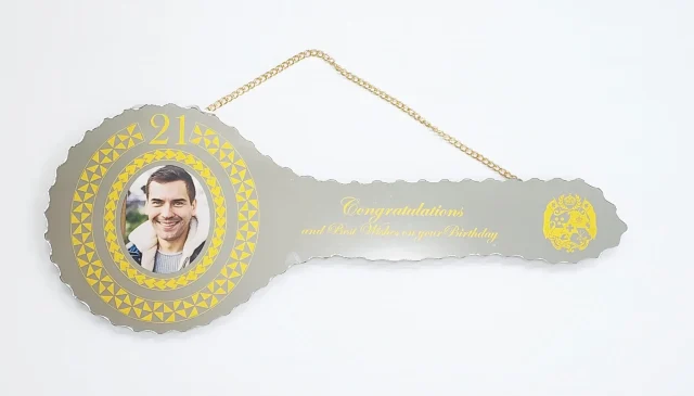 Golden Print Design with Tongan Sila & Tattoo Patterns Mirrored/Glass Photo 21st Birthday Key - SJ2502
