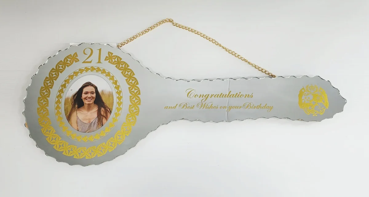 Golden Print Design with Tongan Sila & Tattoo Patterns Mirrored/Glass Photo 21st Birthday Key - SJ2503