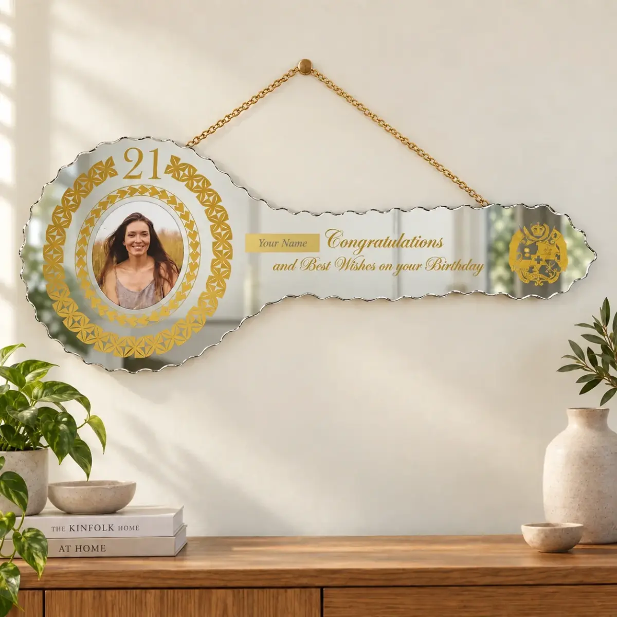 Golden Print Design with Tongan Sila & Tattoo Patterns Mirrored/Glass Photo 21st Birthday Key - SJ2503