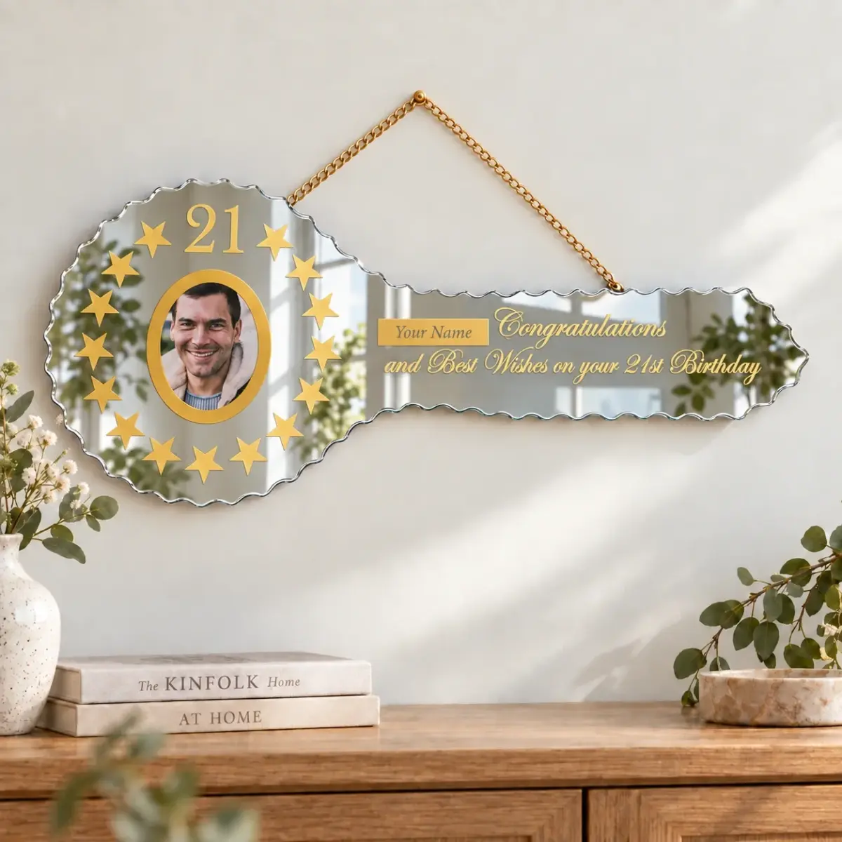 Golden Print Mirror Glass 21st Birthday Key with Photo – SJ2601