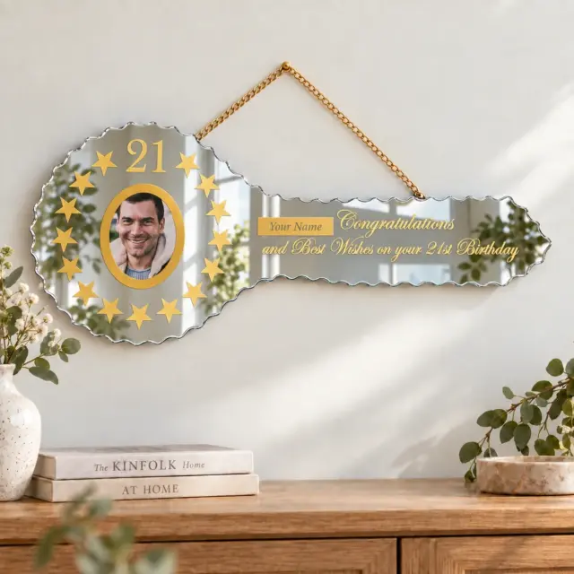 Golden Print Mirror Glass 21st Birthday Key with Photo – SJ2601