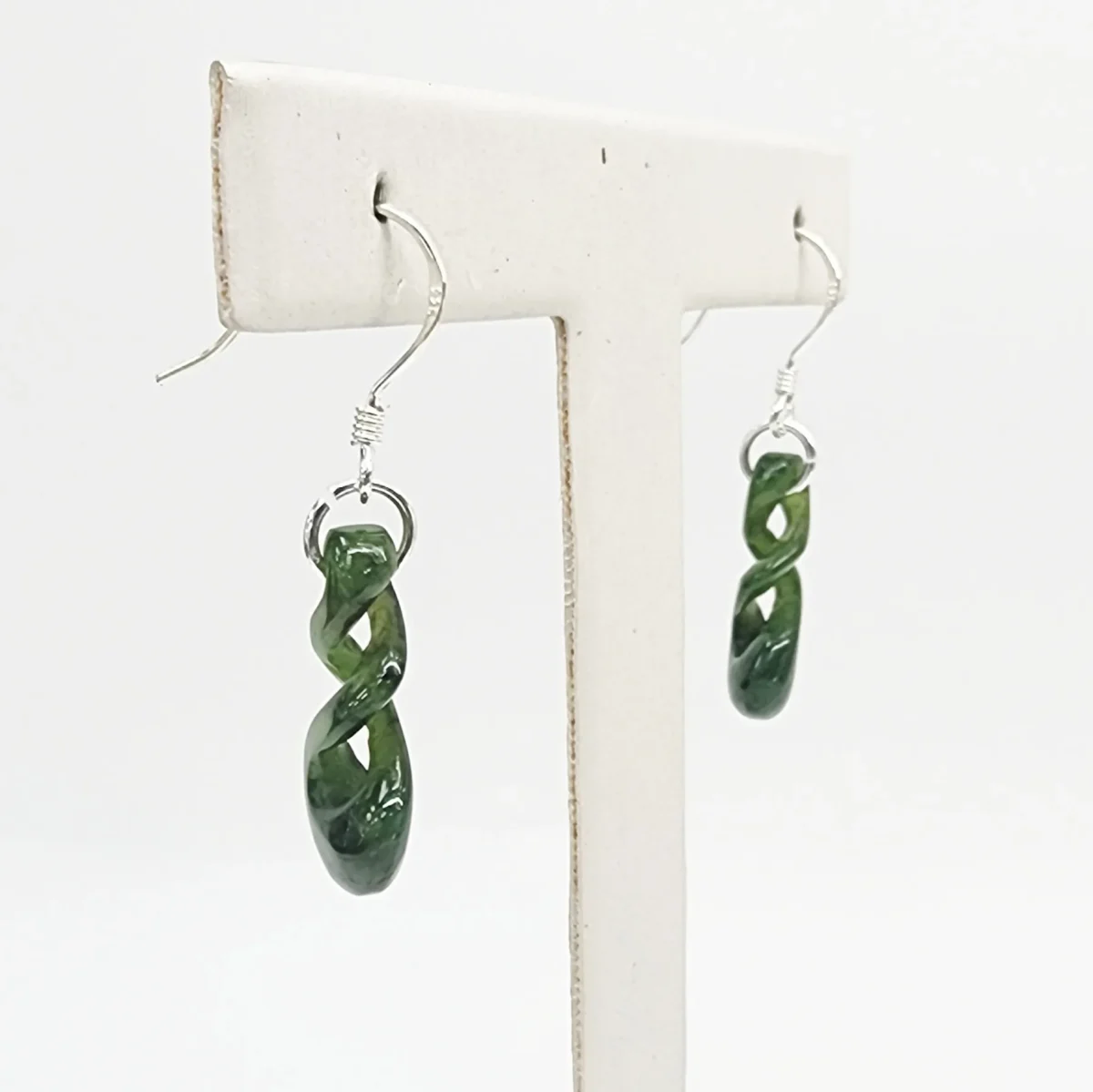 Greenstone Double Twist Hook Earrings – 20mm Drop, Sterling Silver Hooks