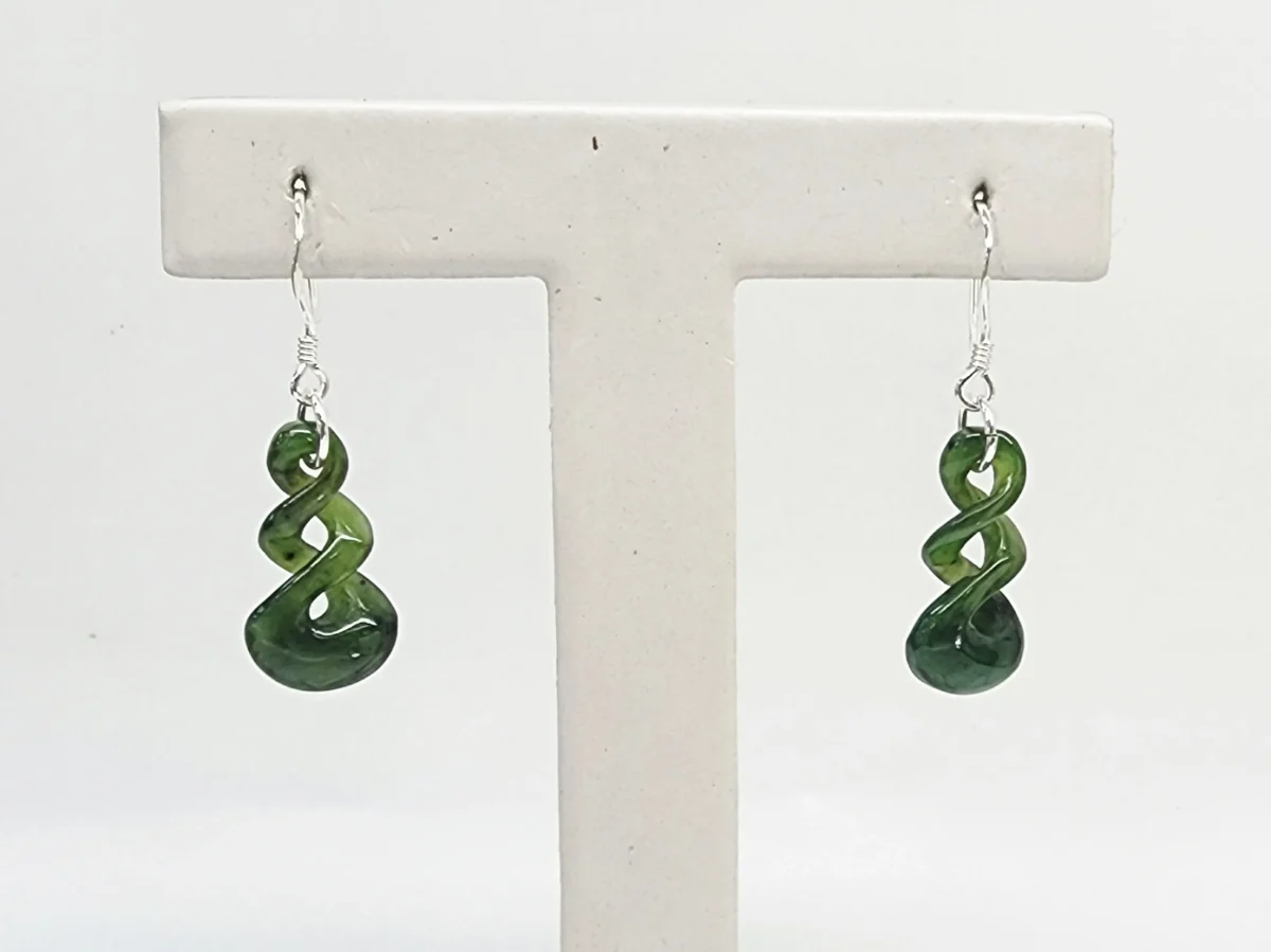 Greenstone Double Twist Hook Earrings – 20mm Drop, Sterling Silver Hooks