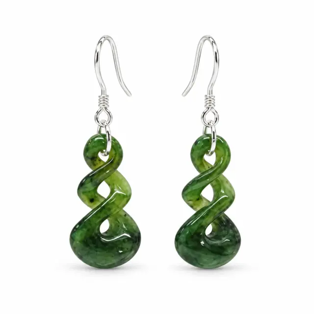 Greenstone Double Twist Hook Earrings – 20mm Drop, Sterling Silver Hooks