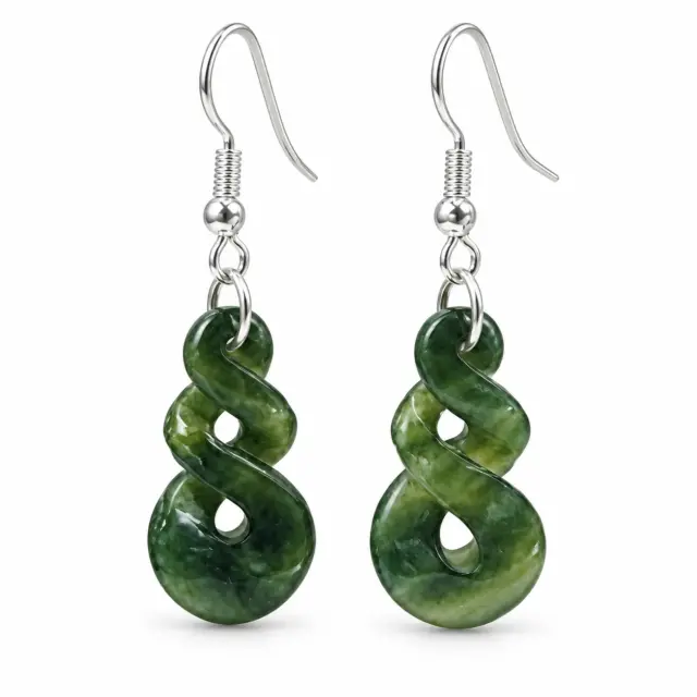 Greenstone Double Twist Hook Earrings – 34mm x 13mm with Sterling Silver Hooks