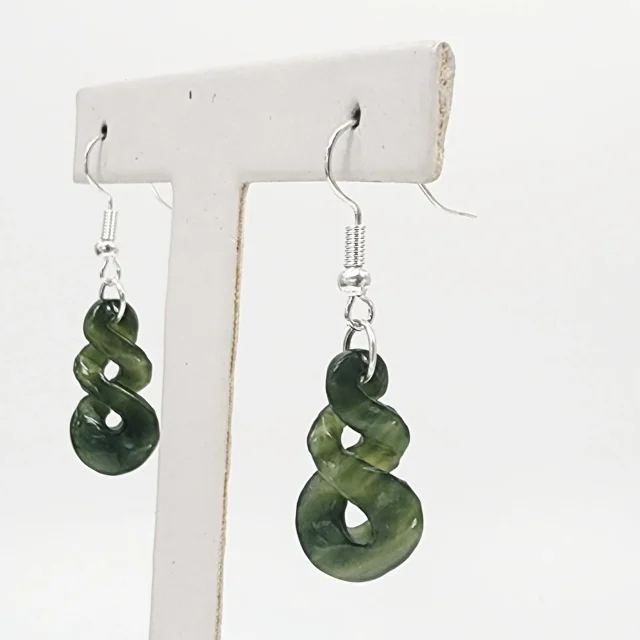 Greenstone Double Twist Hook Earrings – 34mm x 13mm with Sterling Silver Hooks