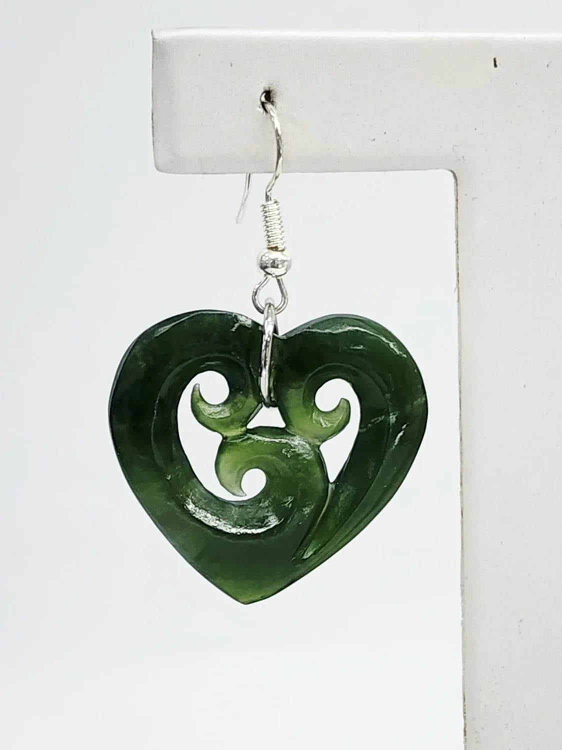Greenstone Heart Earrings with Triple Koru Carving & Sterling Silver Hooks