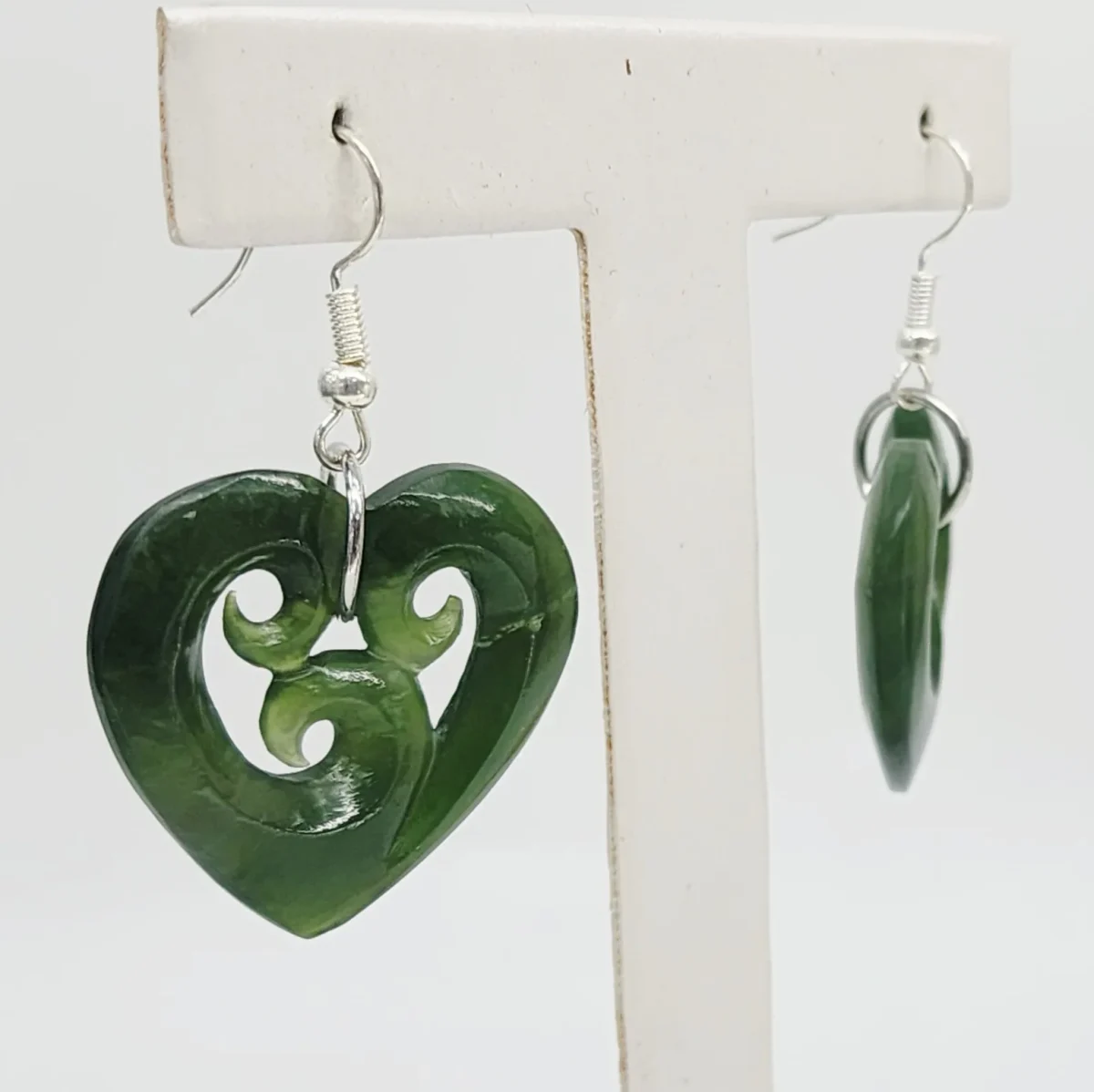 Greenstone Heart Earrings with Triple Koru Carving & Sterling Silver Hooks
