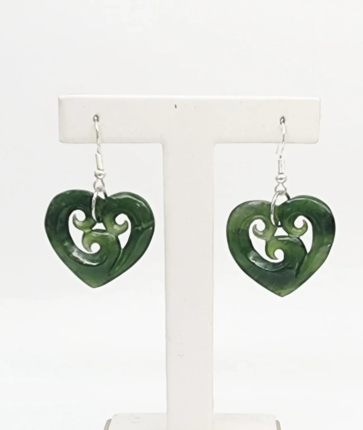 Greenstone Heart Earrings with Triple Koru Carving & Sterling Silver Hooks