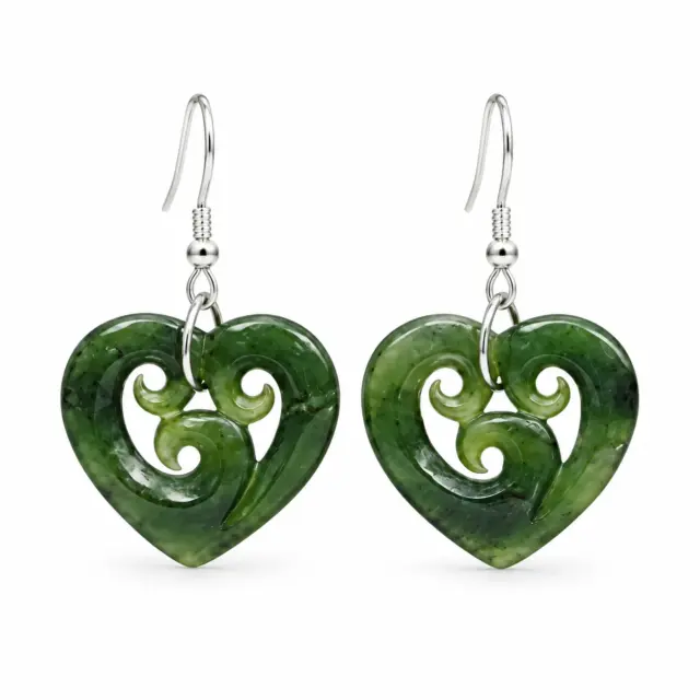Greenstone Heart Earrings with Triple Koru Carving & Sterling Silver Hooks