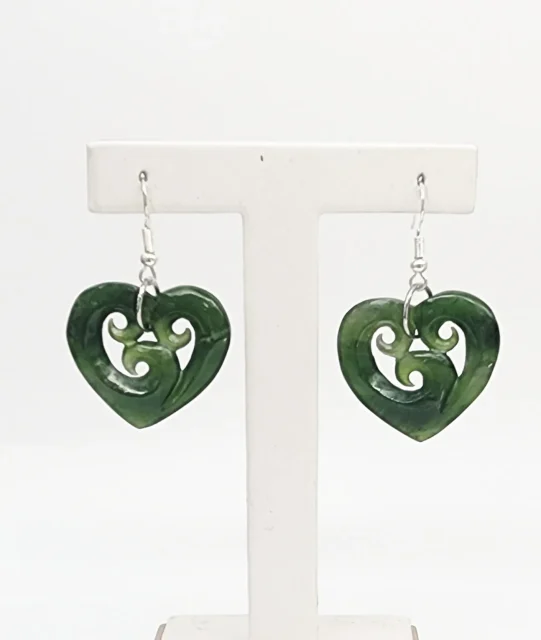 Greenstone Heart Earrings with Triple Koru Carving & Sterling Silver Hooks
