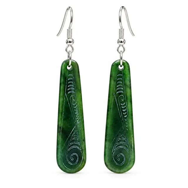 Greenstone Laser-Engraved Drop Earrings with Sterling Silver Hooks – 50mm