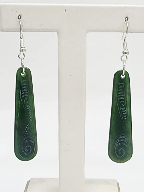 Greenstone Laser-Engraved Drop Earrings with Sterling Silver Hooks – 50mm