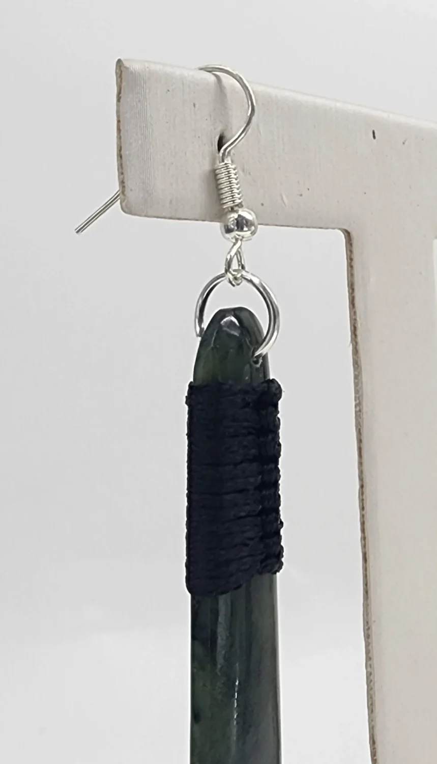 Greenstone Long Drop Earrings with Black Cord Binding & Sterling Silver Hooks – 72mm