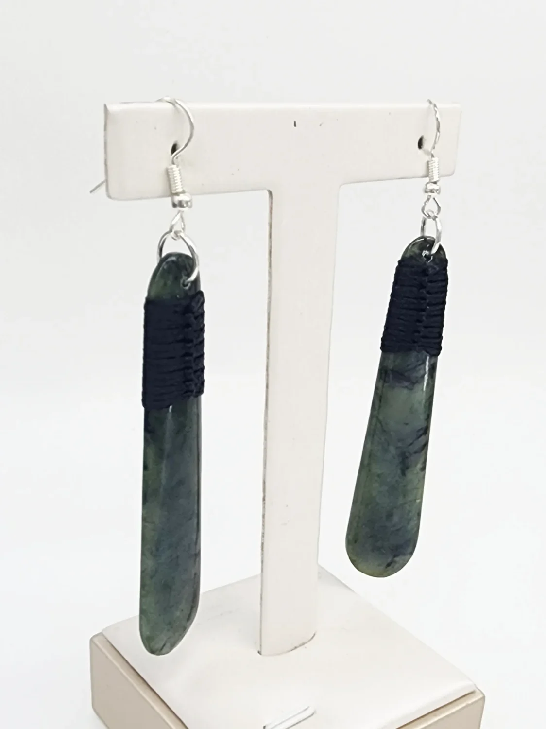 Greenstone Long Drop Earrings with Black Cord Binding & Sterling Silver Hooks – 72mm