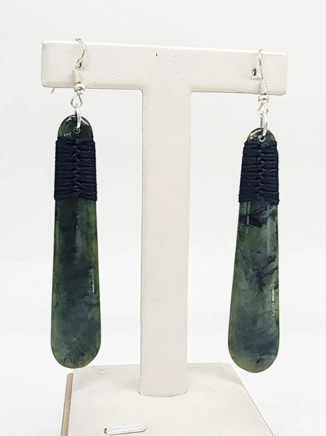 Greenstone Long Drop Earrings with Black Cord Binding & Sterling Silver Hooks – 72mm