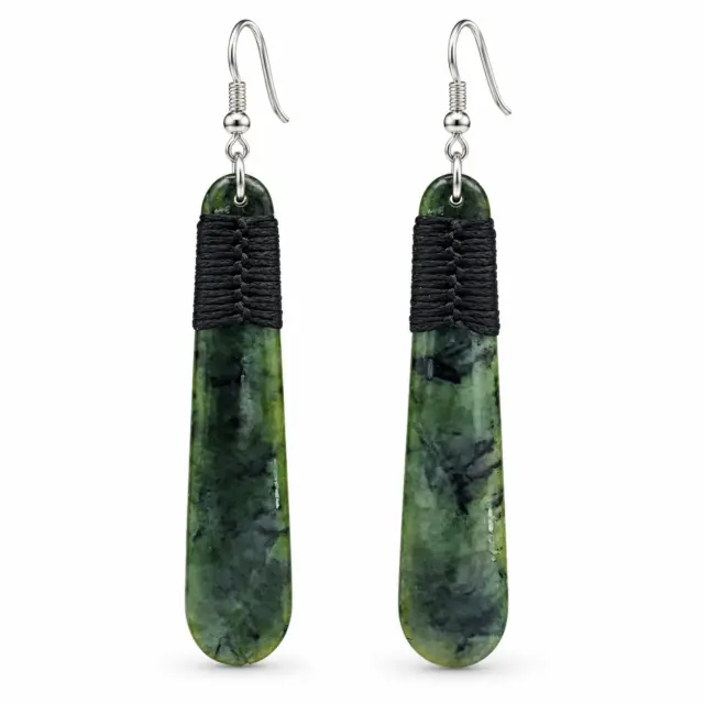Greenstone Long Drop Earrings with Black Cord Binding & Sterling Silver Hooks – 72mm