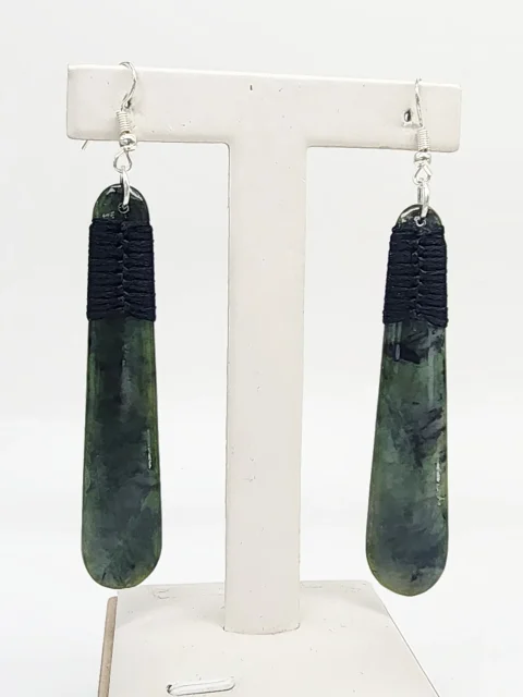 Greenstone Long Drop Earrings with Black Cord Binding & Sterling Silver Hooks – 72mm