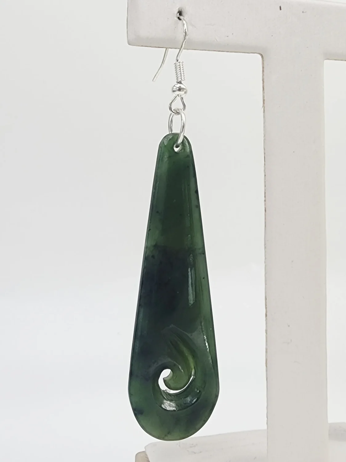 Greenstone Long Hook Earrings with Sterling Silver Hooks – 62mm Drop with Koru Cutout