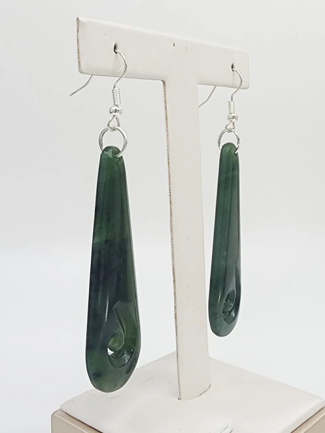 Greenstone Long Hook Earrings with Sterling Silver Hooks – 62mm Drop with Koru Cutout