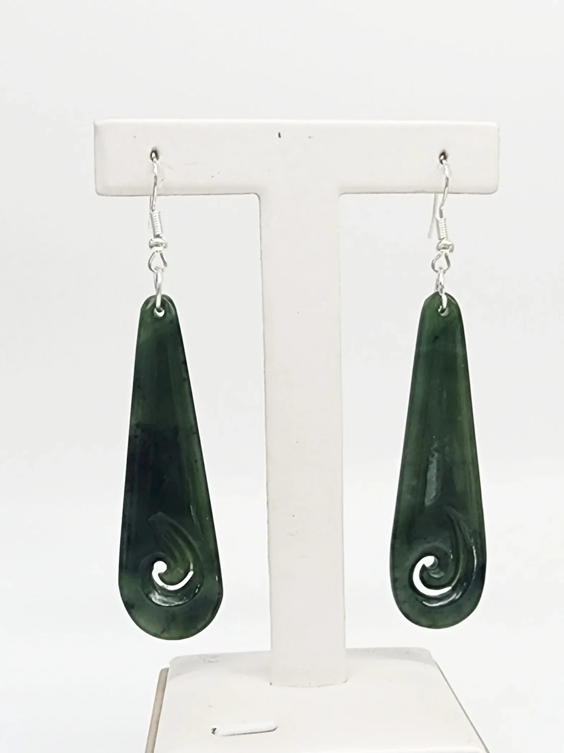 Greenstone Long Hook Earrings with Sterling Silver Hooks – 62mm Drop with Koru Cutout