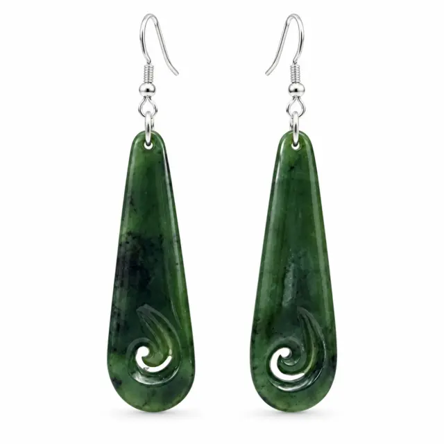 Greenstone Long Hook Earrings with Sterling Silver Hooks – 62mm Drop with Koru Cutout