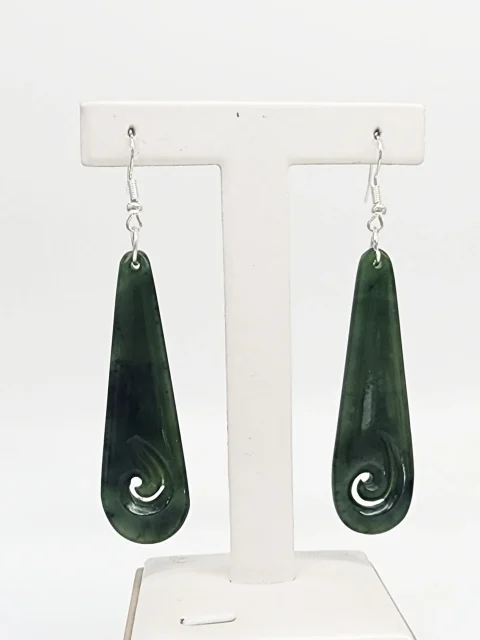 Greenstone Long Hook Earrings with Sterling Silver Hooks – 62mm Drop with Koru Cutout