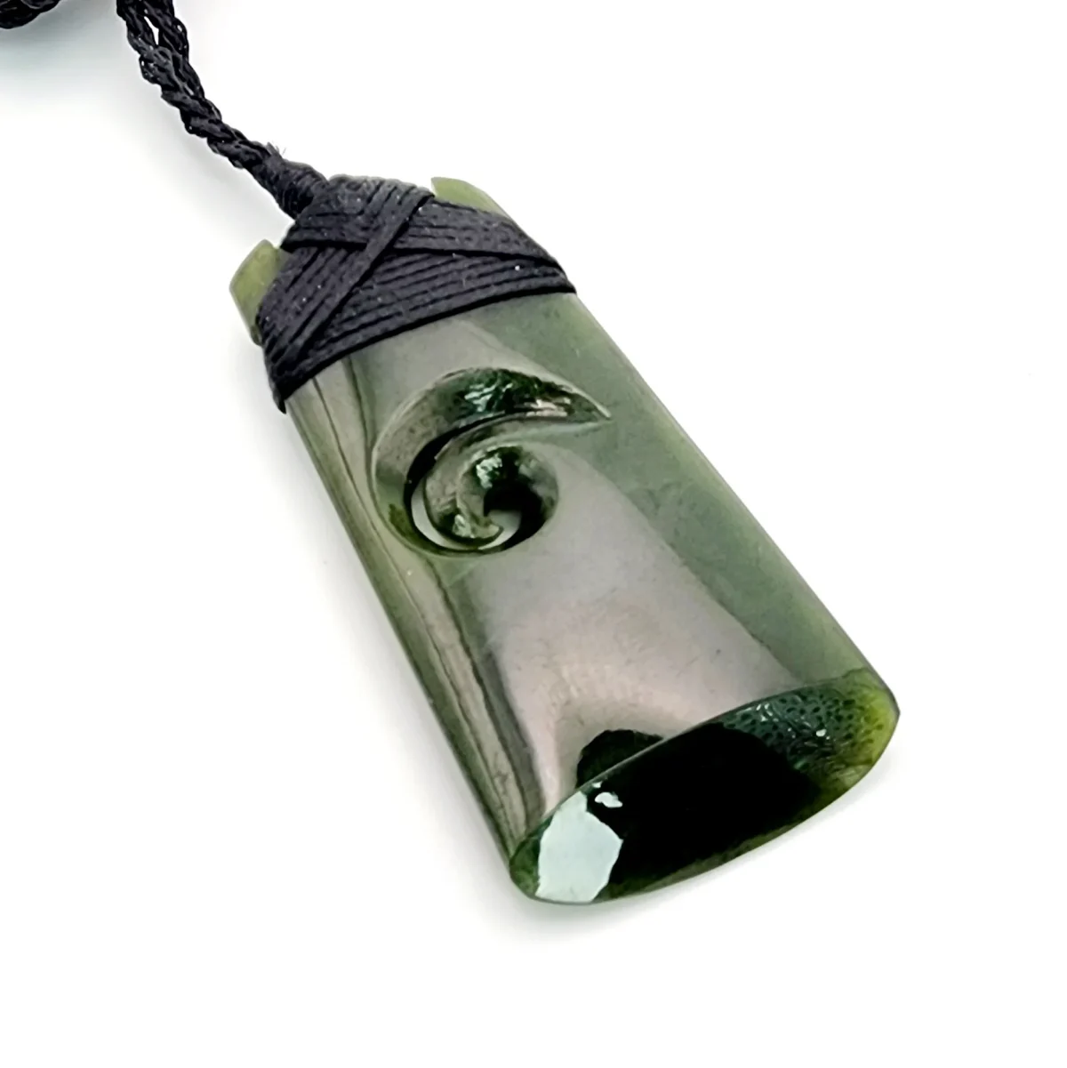 Greenstone Toki with Koru Insert and Lashed Black Cord