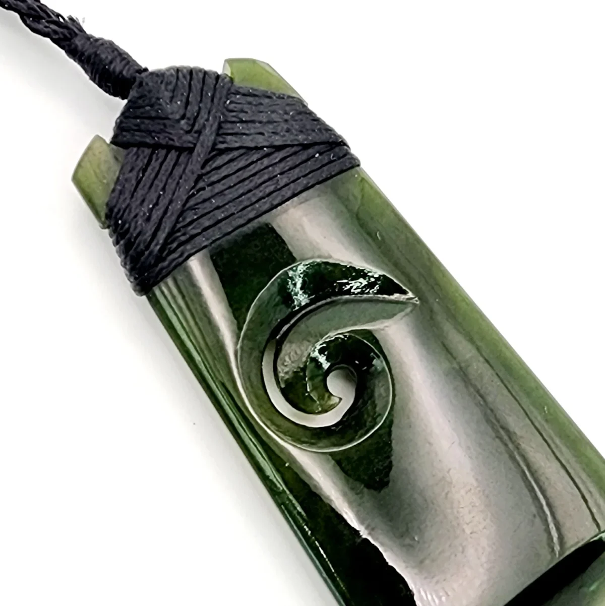 Greenstone Toki with Koru Insert and Lashed Black Cord