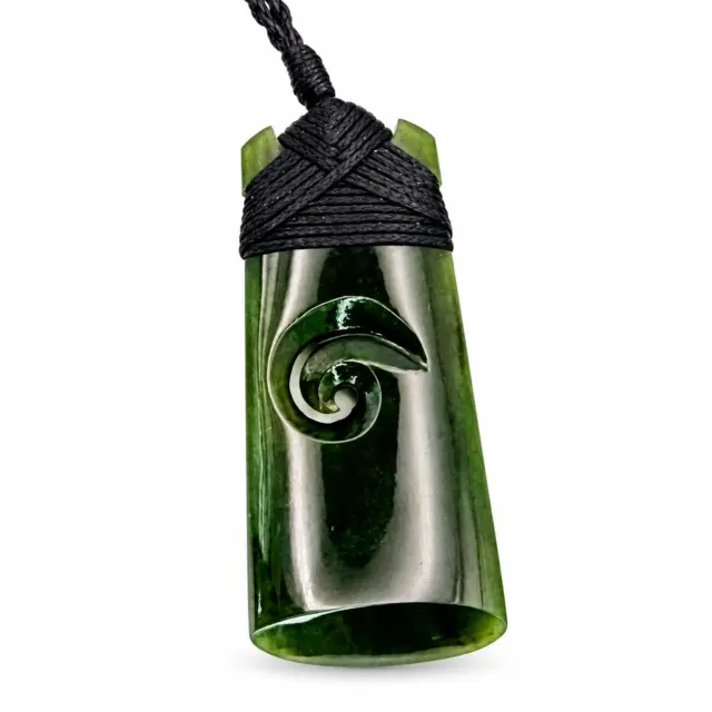 Greenstone Toki with Koru Insert and Lashed Black Cord