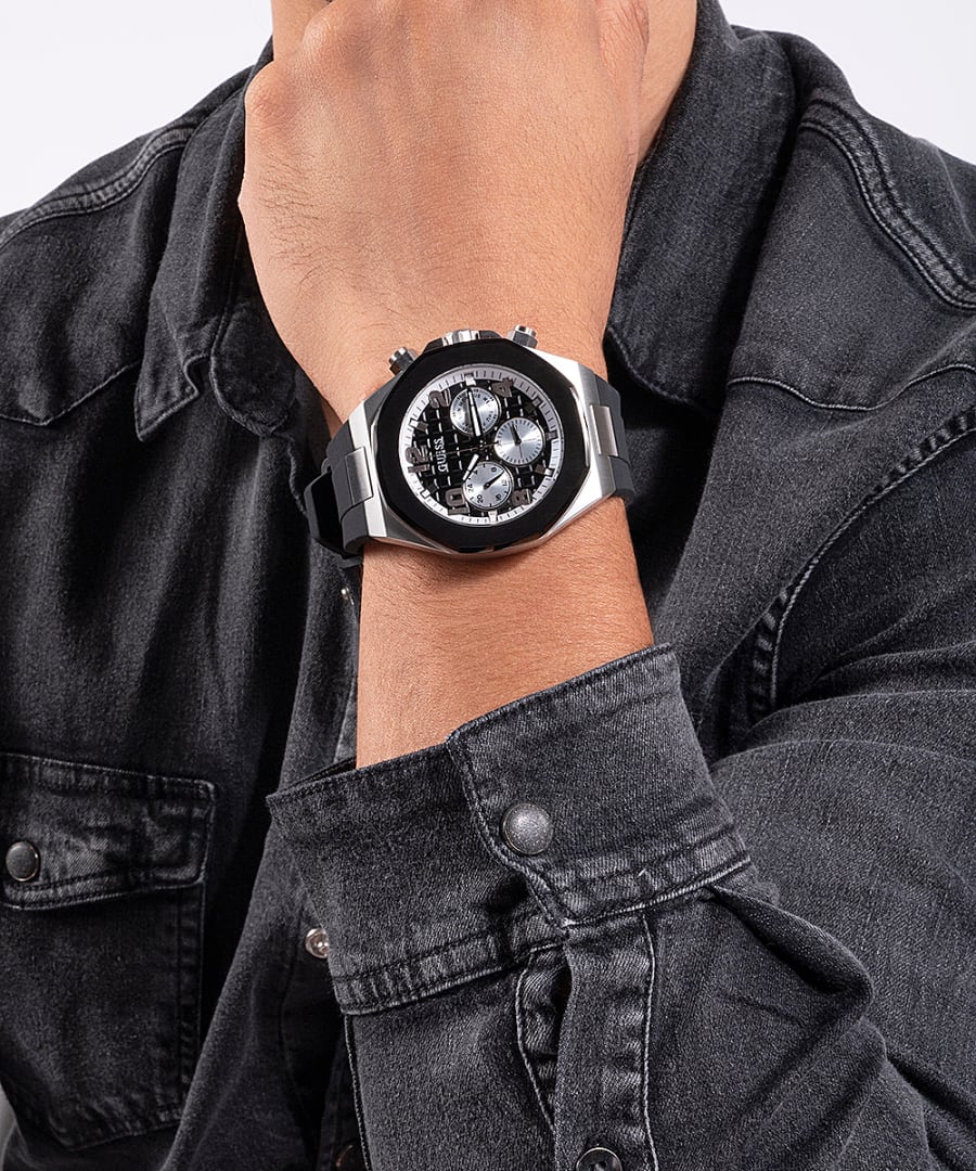 Guess 2-Tone Case Black Silicone Strap Watch - GW0583G1