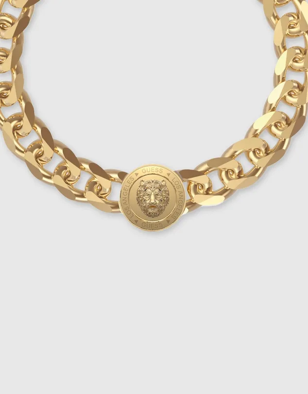Guess 21mm Lion Coin Head Emblem Gold Tone Stainless Steel Bracelet