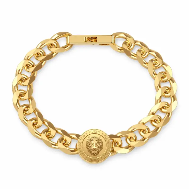 Guess 21mm Lion Coin Head Emblem Gold Tone Stainless Steel Bracelet