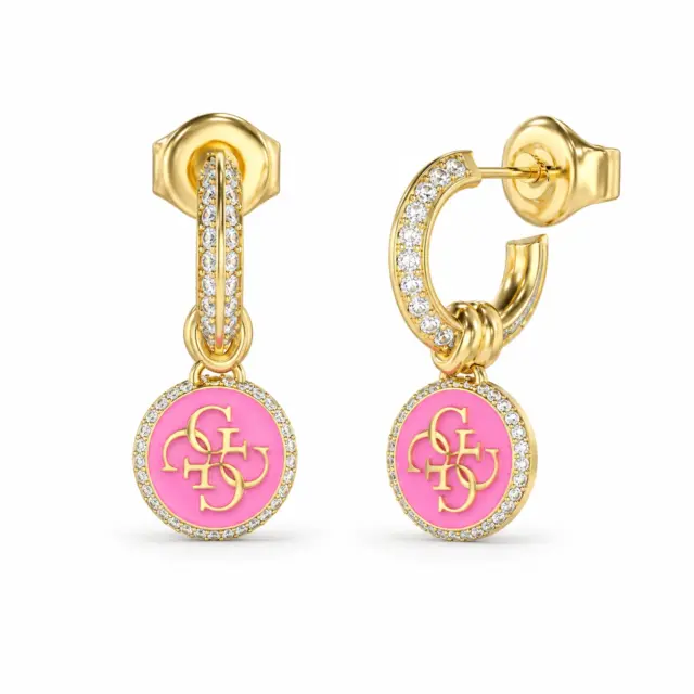 Guess 25mm Gold Tone 4G Logo Knot You Pink Crystal Stud Earrings