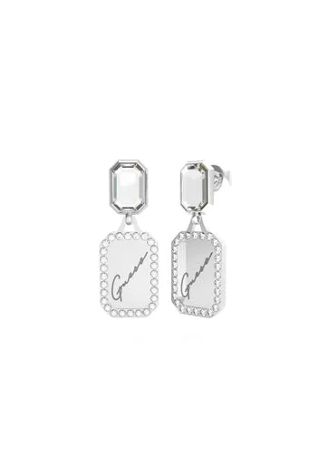 Guess 28mm Pendant Tag & Crystal Silver Plated Stud Earrings - JUBE01132 JWRHT/U