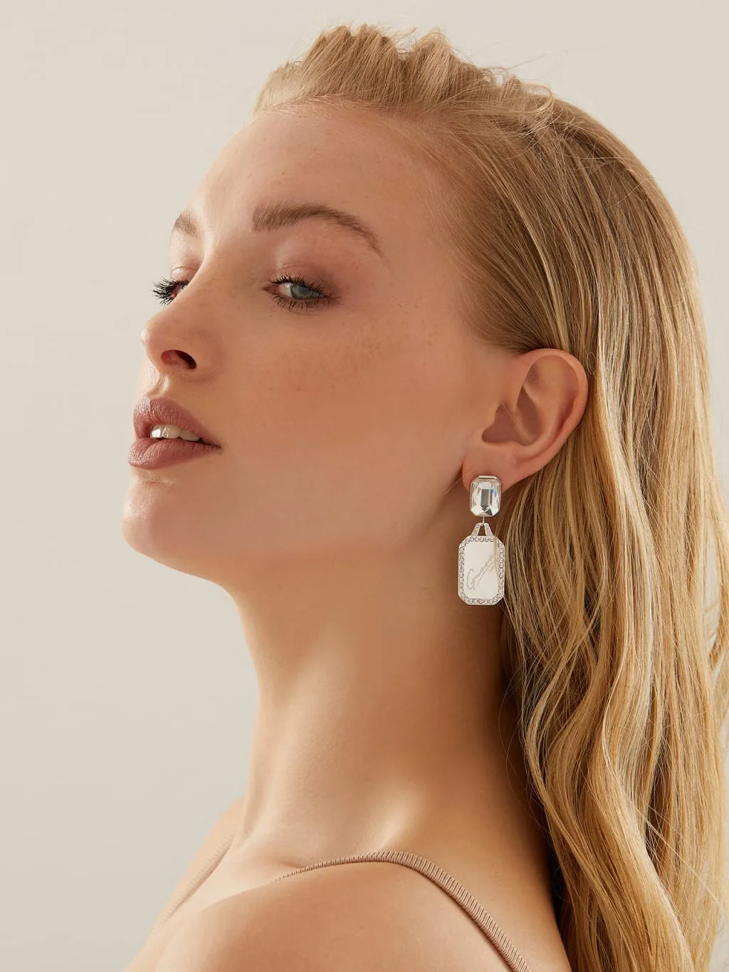 Guess 28mm Pendant Tag & Crystal Silver Plated Stud Earrings - JUBE01132 JWRHT/U