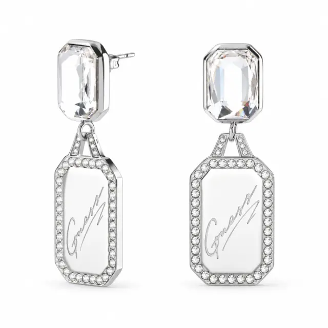 Guess 28mm Pendant Tag & Crystal Silver Plated Stud Earrings - JUBE01132 JWRHT/U