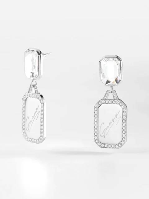 Guess 28mm Pendant Tag & Crystal Silver Plated Stud Earrings - JUBE01132 JWRHT/U