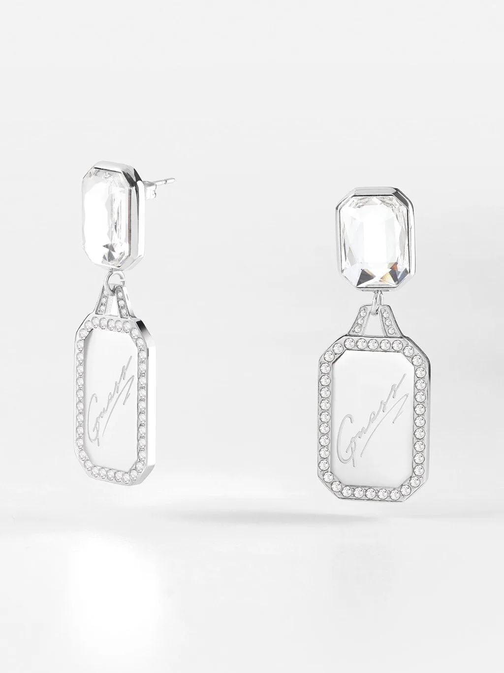 Guess 28mm Pendant Tag & Crystal Silver Plated Stud Earrings - JUBE01132 JWRHT/U