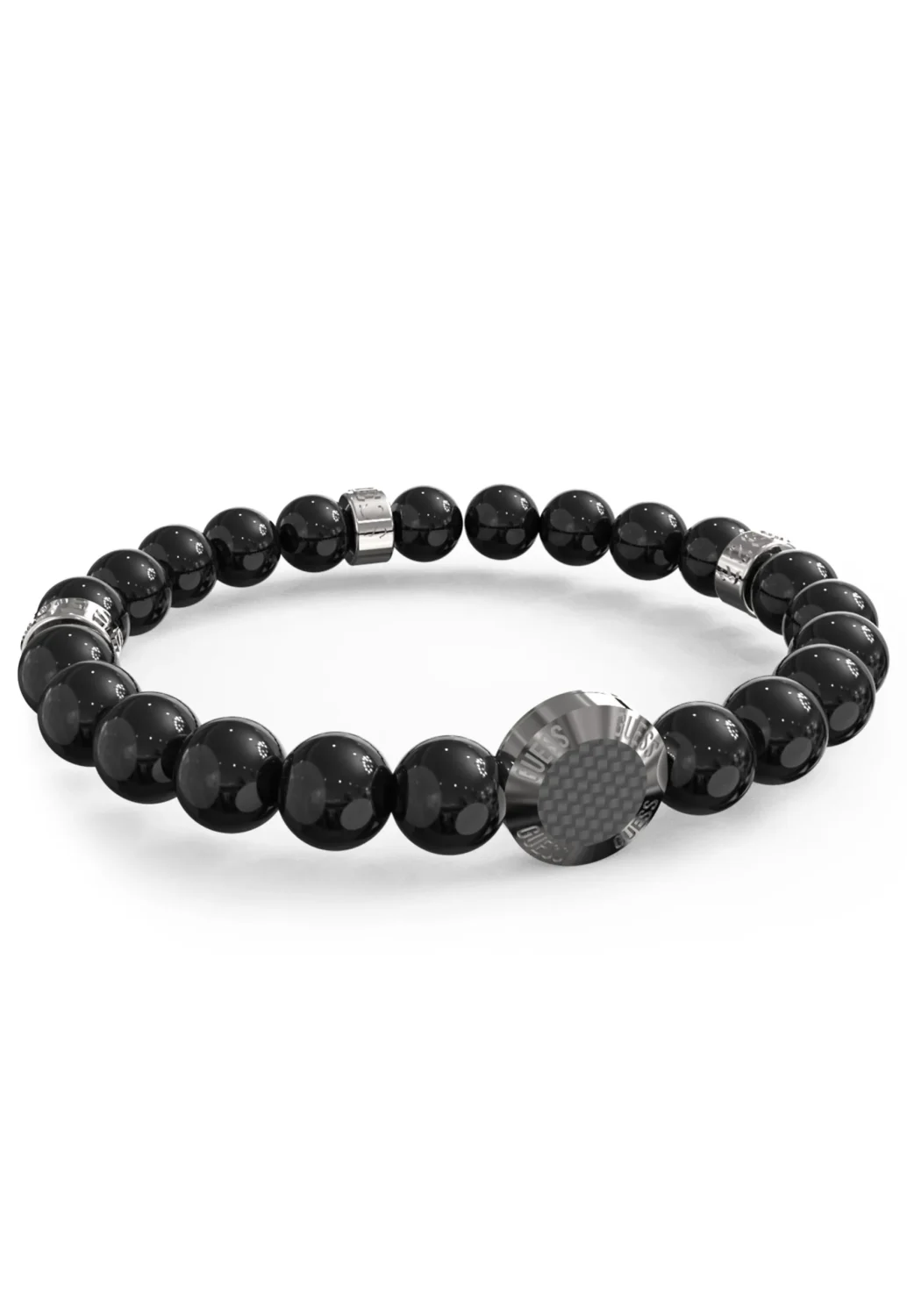 Guess Carbon Fiber Beads Bracelet Silver Tone Rings