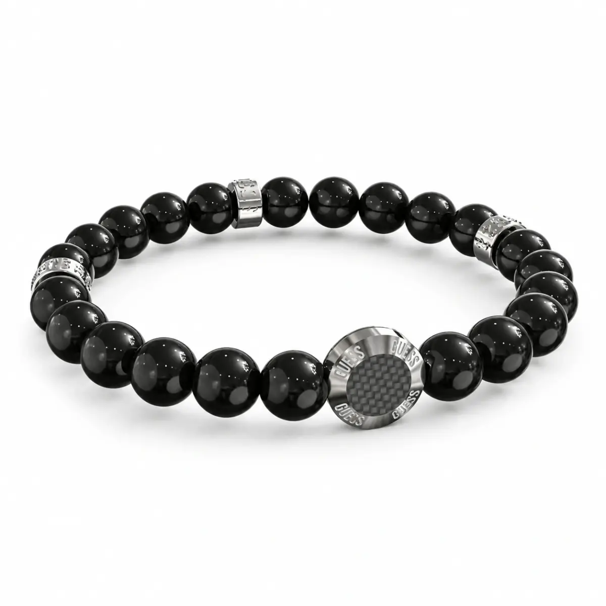 Guess Carbon Fiber Beads Bracelet Silver Tone Rings
