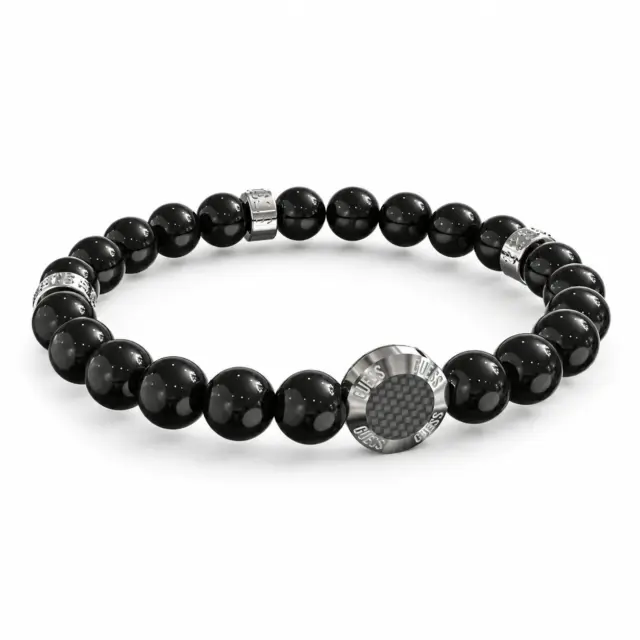 Guess Carbon Fiber Beads Bracelet Silver Tone Rings