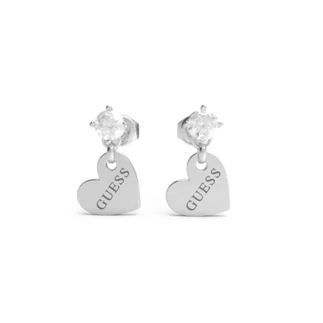 Guess Crystal & 10mm Heart Charm Silver Plated Earrings - JUBE01083 JWRHT/U